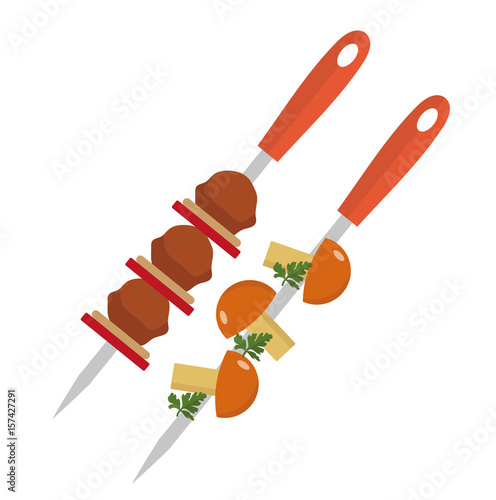 Shish kebab on skewers with pork and mushrooms icon, flat style. Isolated on white background. Vector illustration