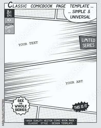 Free space Comic book page template. Comics layout and action with speed lines,
 halftone background and other elements.