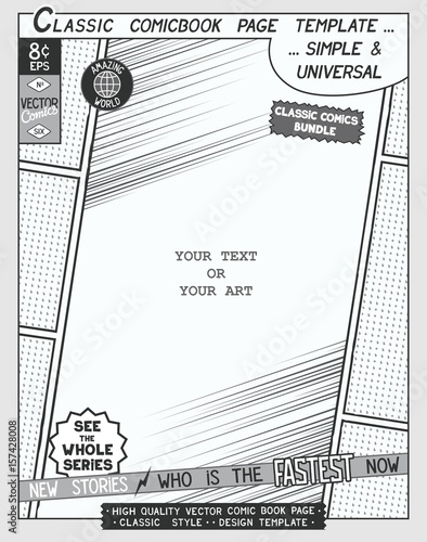 Free space Comic book page template. Comics layout and action with speed lines,
 halftone background and other elements.