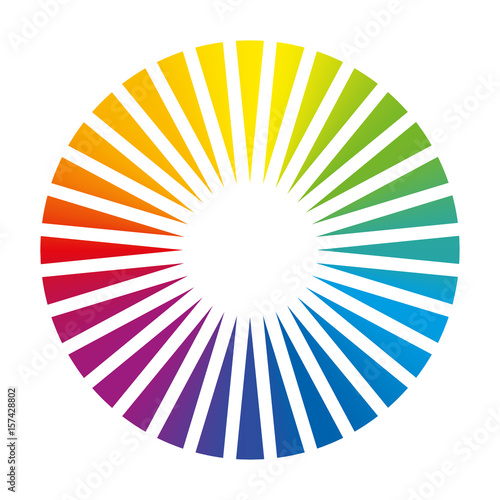 Color circle - round color fan deck with 32 different colored triangles that cause a brilliant white glowing center, an optical illusion - isolated vector illustration on white background.