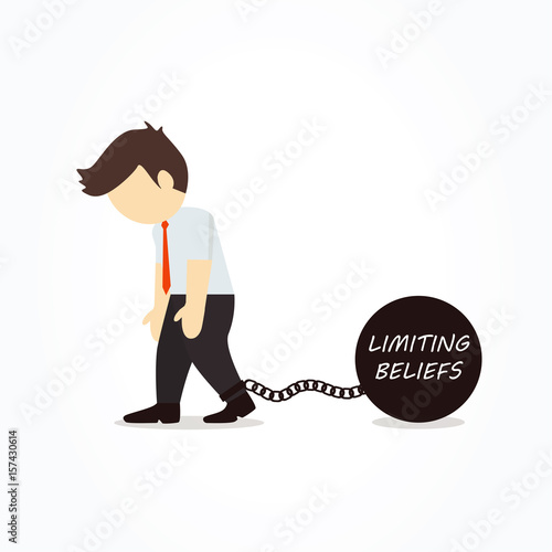 Businessman chained to his limiting beliefs. Vector illustration.