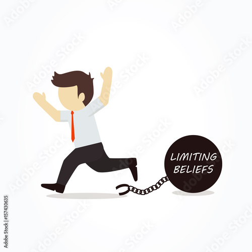 Businessman chained to his limiting beliefs. Vector illustration.