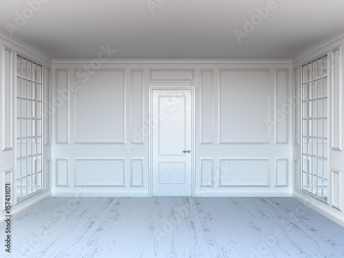 Living room with door and mirrors. White interior. White wood floor