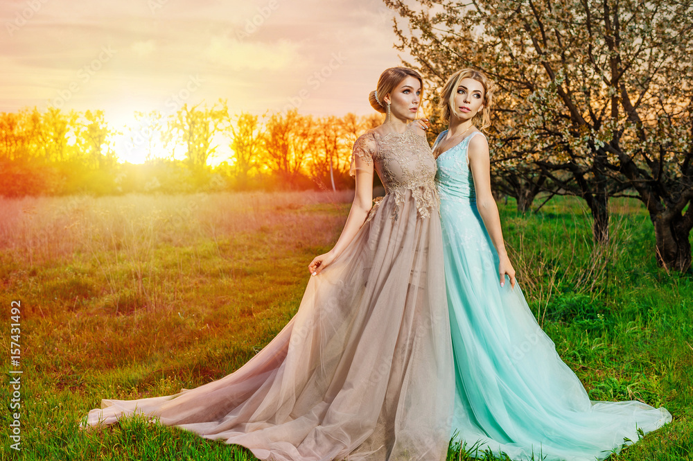 Two girls in long dresses posing in the garden of blooming trees Two girls in long dresses posing in the garden of blooming trees