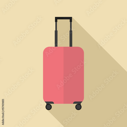 The image of a red suitcase on wheels with an extended handle. Flat design