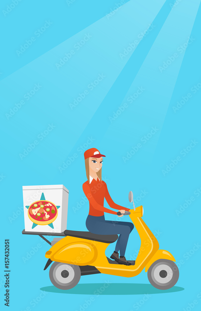 Woman delivering pizza on scooter.