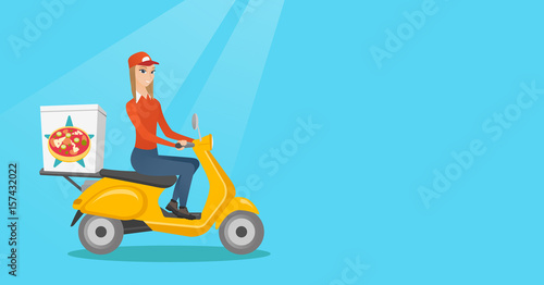 Woman delivering pizza on scooter.