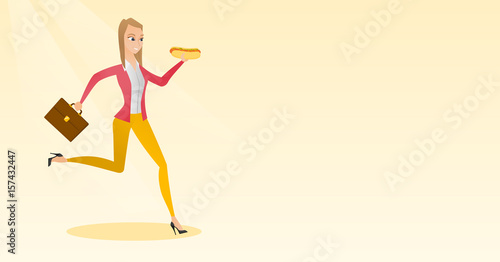 Business woman eating hot dog vector illustration.
