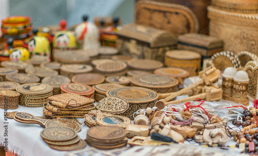 Souvenirs made of wood. Folk art. And the sale of Baubles.