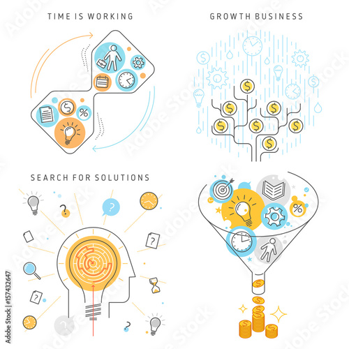 Time Management, Search for solutions, Growth Business concept set. Vector flat line illustrations: money tree, converting ideas, time, work to money and imagination, creativity, inspiration processes