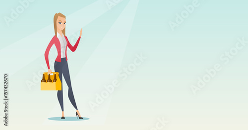 Woman with pack of beer vector illustration.