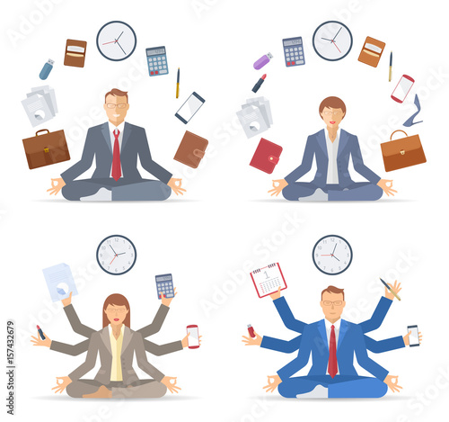 Businessman and businesswoman meditates in the lotus pose in the workplace. Managers sitting in the medbnation. Mutlitasking and time management flat vector concept illustration. Infographic element.