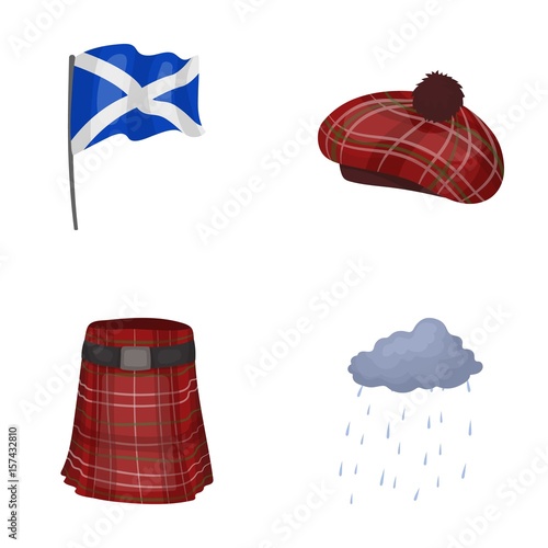 Flag, kilt, rainy weather, cap.Scotland country set collection icons in cartoon style vector symbol stock illustration web.