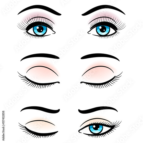 Open and closed blue female eyes isolated on white background. Vector illustration