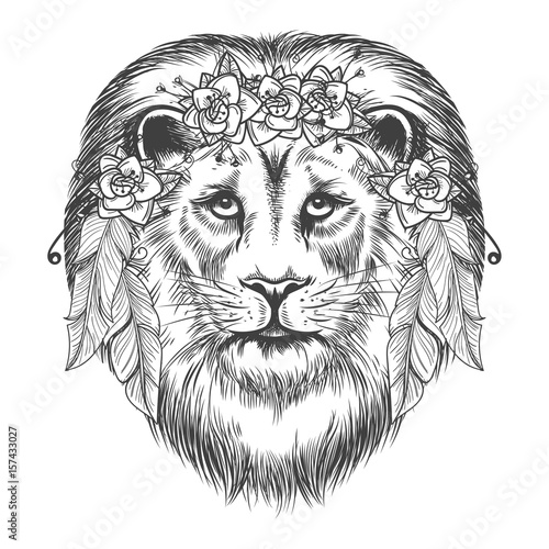 Boho style sketch lion. Vector hand drawn lion with flowers and feathers