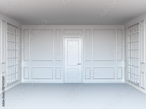 Living room with door and mirrors. White floor