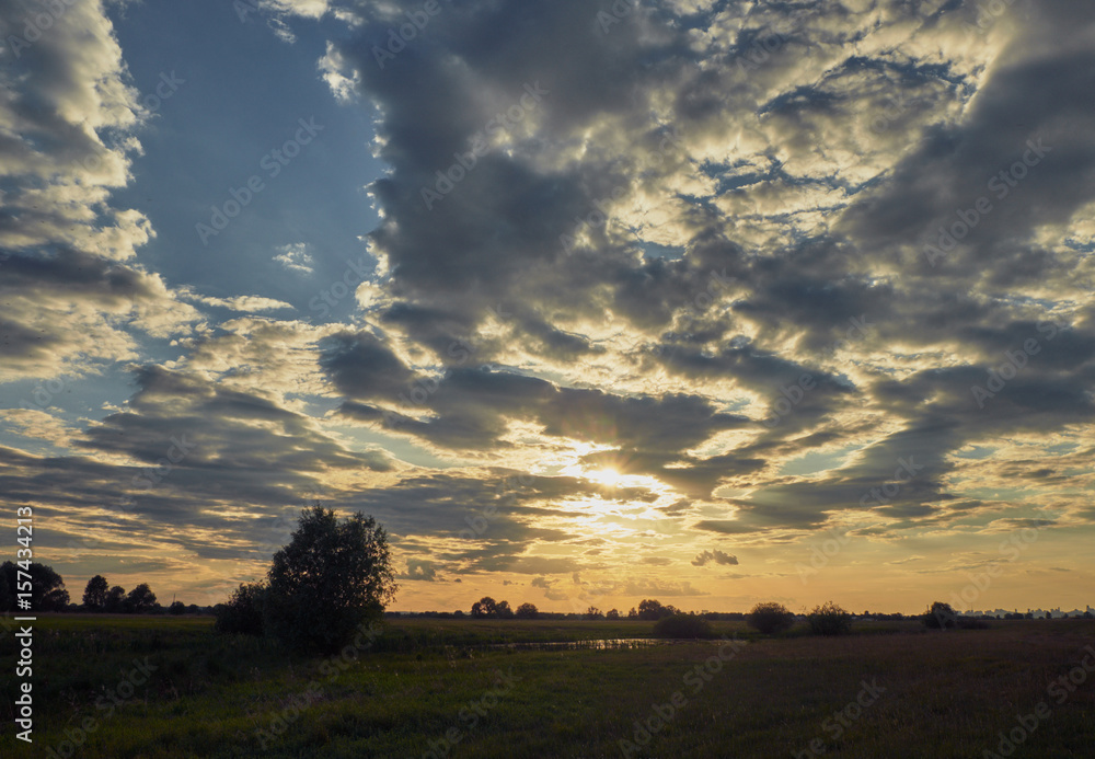 Landscape with green grass with beautiful clouds in the background at sunset Landscape with green grass with beautiful clouds in the background at sunset