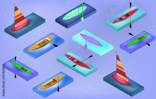 Isometric sporting boats, canoes, sailing, surfboard, with their oars,
