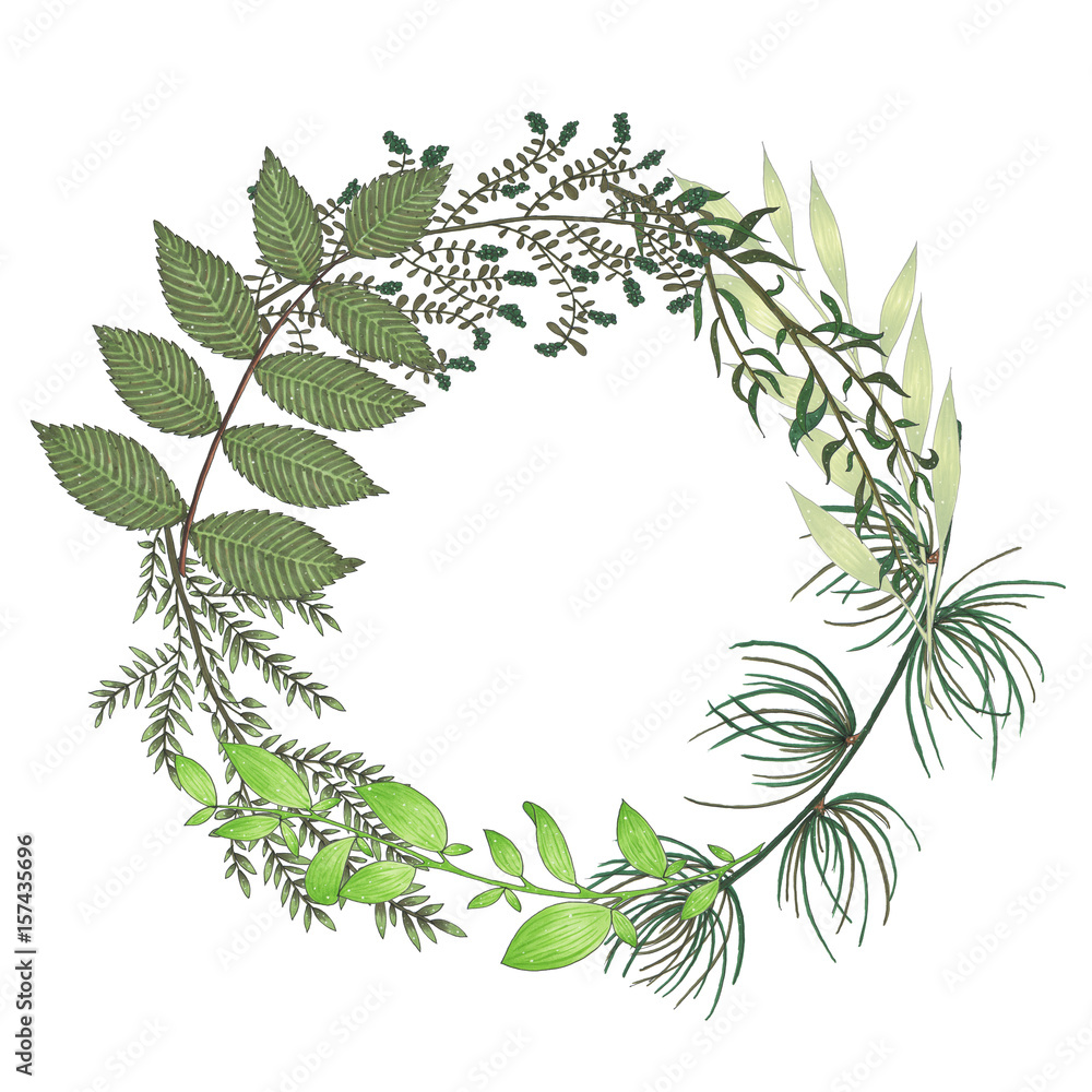 Fototapeta premium Hand painted with markers floral wreath with twig, branch and green abstract leaves