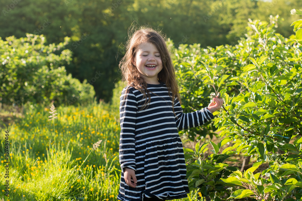 Little girl playing in apple orchard Little girl playing in apple orchard