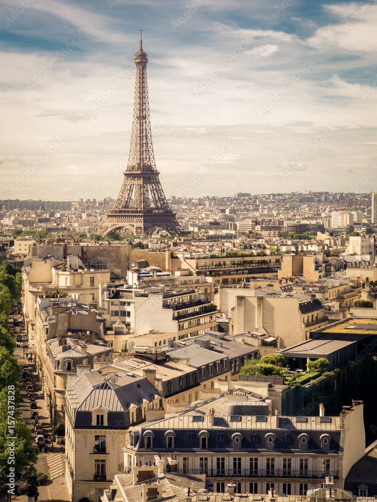 Paris cityscape with Eiffel tower in twilight. view of Eiffel tower from Are de Triomphe