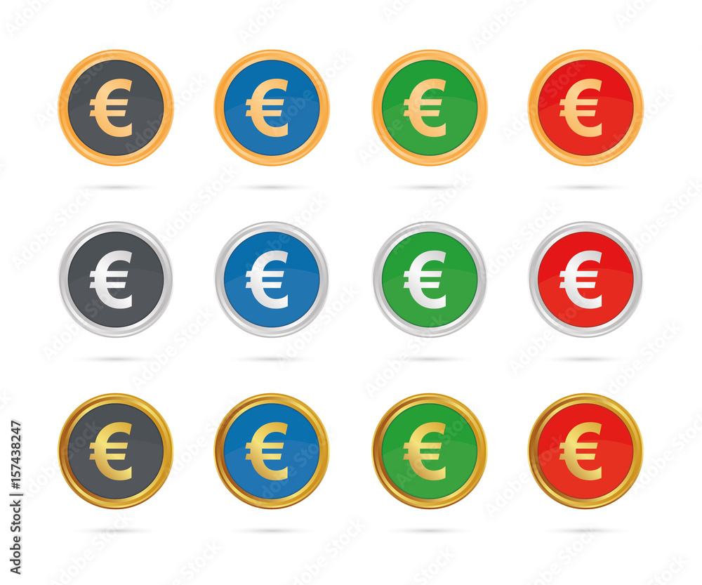 Euro - Geld - Münzen - Buttons Set - Bronze, Silber, Gold Euro - Geld - Münzen - Buttons Set - Bronze, Silber, Gold