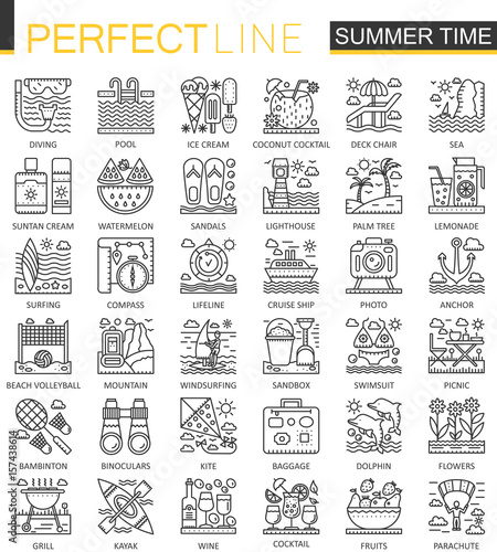 Summer time outline concept symbols. Vacation travel perfect thin line icons. Modern stroke linear style illustrations set.