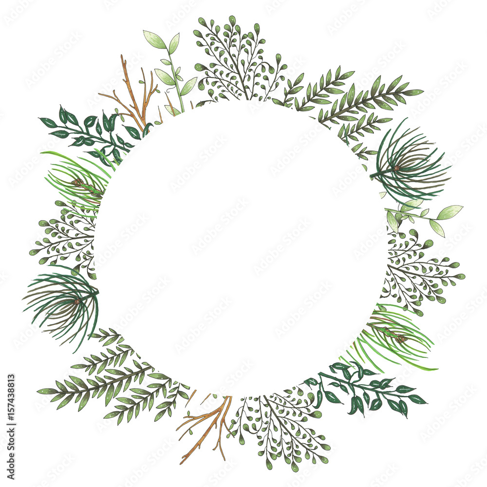 Hand painted with markers floral frame with twig, branch and green abstract leaves Hand painted with markers floral frame with twig, branch and green abstract leaves