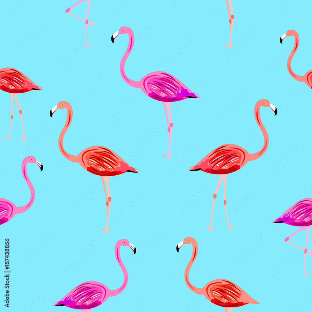 Fototapeta premium Flamingo seamless pattern on mint blue background. Vector background for design, fabric