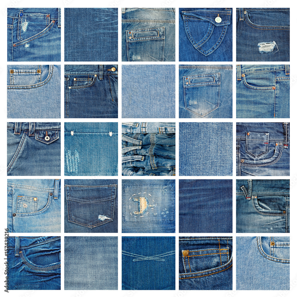 Different denim fabric samples isolated on white background.Collection of  jeans textures close-up. Stock Photo | Adobe Stock