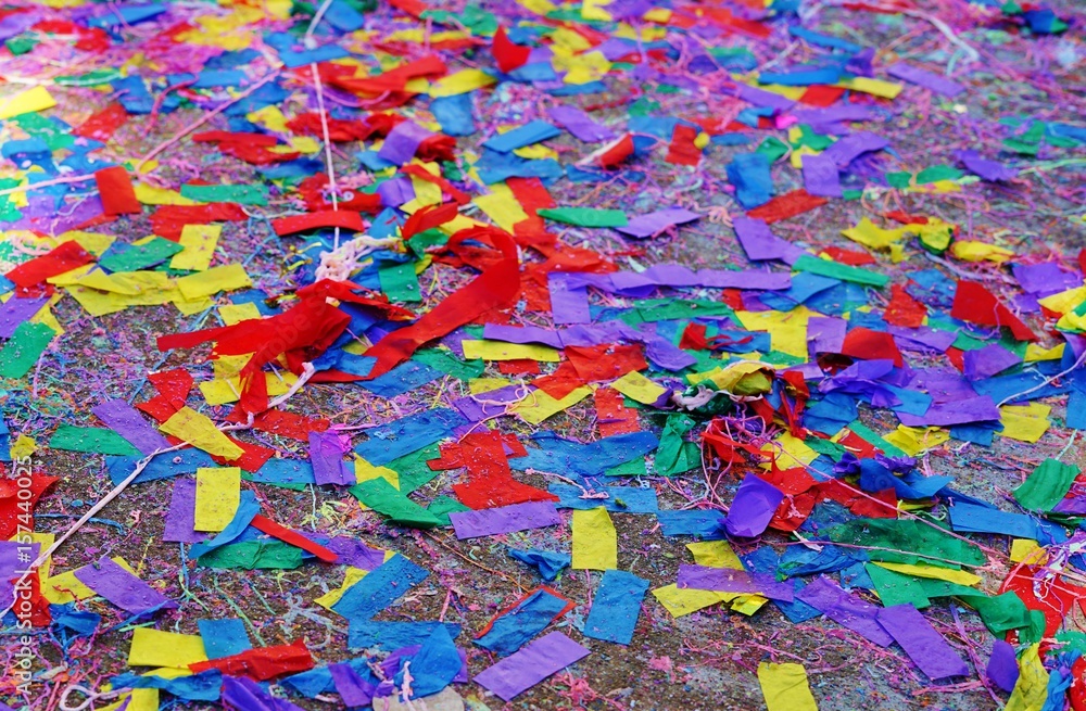 Colorful confetti on the ground after a party
