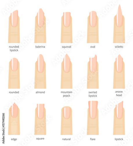 Different fashion nail shapes. Set kinds of nails. Salon nails type trends.