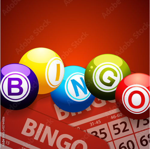Bingo balls and cards on red background