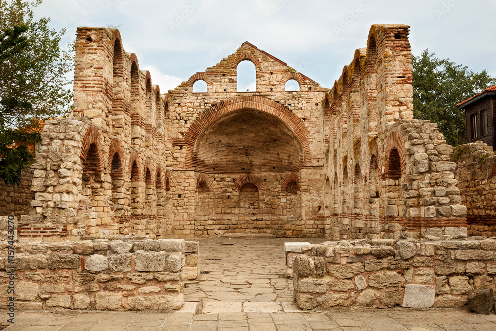 Ruins of the ancient church of Saint Sofia (Old Bishopric) in the Old Town of Nesebar, Bulgaria. UNESCO World Heritage site