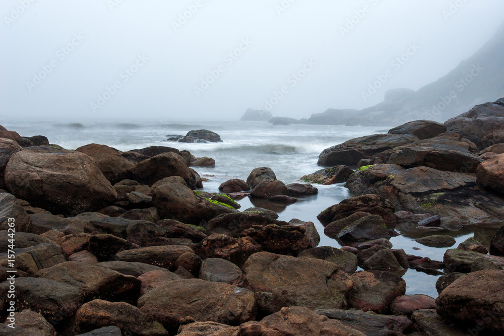 Foggy beach with rocks and mist at nightfall