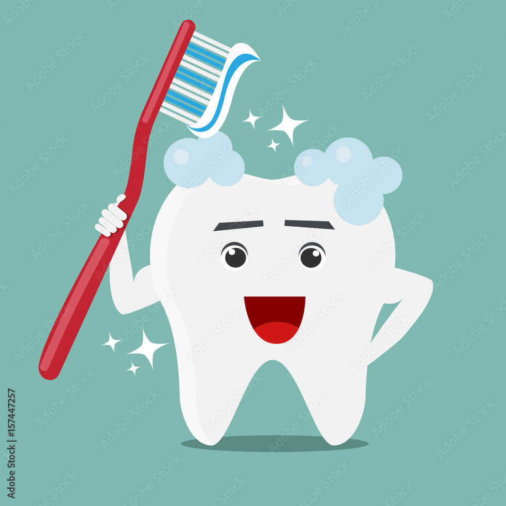 Cartoon tooth with a toothbrush and toothpaste. Brushing teeth. Stock  Vector | Adobe Stock