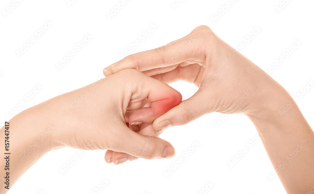 Concept of orthopedist. Woman suffering from pain in knuckle joint on white background Concept of orthopedist. Woman suffering from pain in knuckle joint on white background