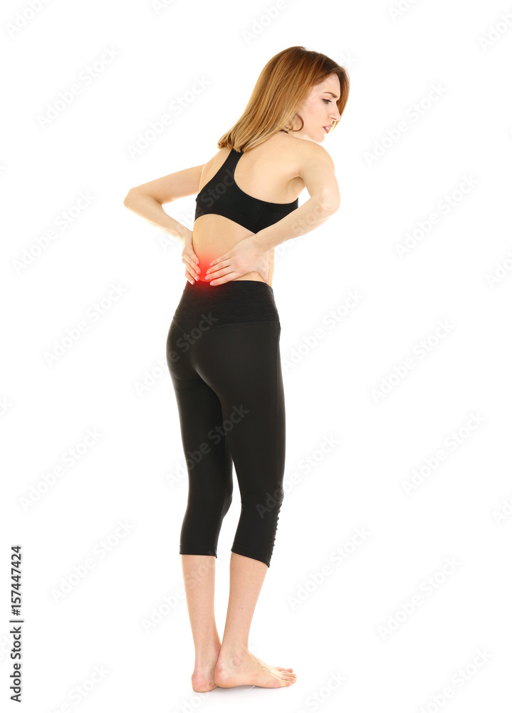 Concept of orthopedist. Woman suffering from pain in back on white background Concept of orthopedist. Woman suffering from pain in back on white background