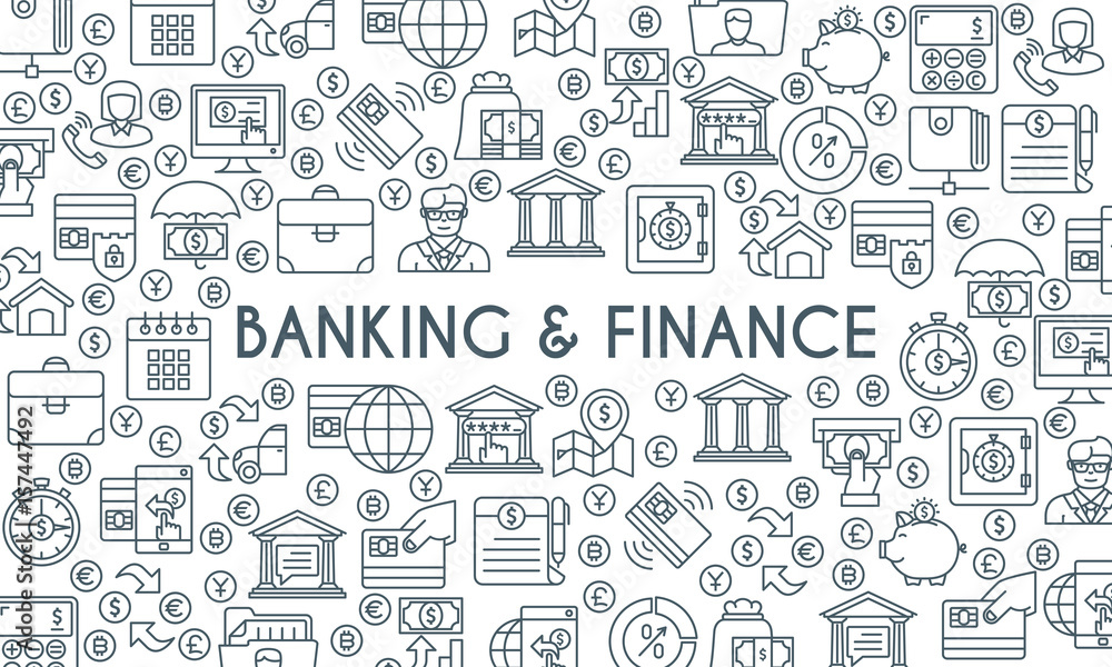 Banking and finance banner. Design template with thin line icons on theme finance, investment, market research, financial analysis, savings. Vector illustration