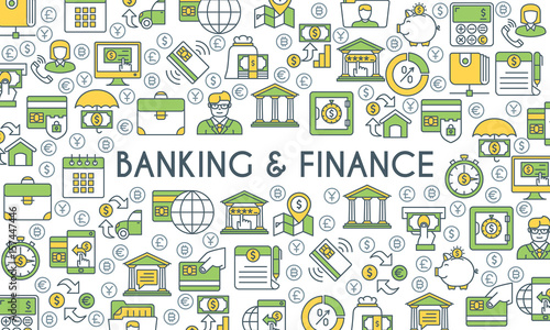 Banking and finance banner. Design template with flat line icons on theme finance, investment, market research, financial analysis, savings. Vector illustration