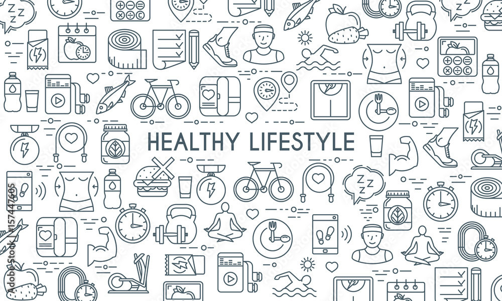 Healthy lifestyle banner. Design template with thin line icons on theme fitness, nutrition and dieting. Vector illustration - obrazy, fototapety, plakaty 