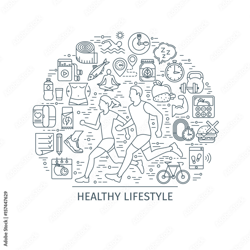 Healthy lifestyle concept. Design template with thin line icons on theme fitness, nutrition and dieting. running man and woman. Vector illustration
