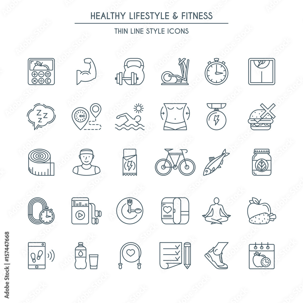 Healthy lifestyle thin line icons set. Modern icons on theme fitness, nutrition and dieting