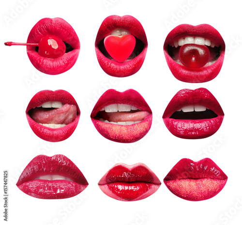 Collage of female lips on w...