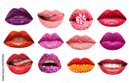 Canvas Print Collage of female lips on white background. Creative makeup