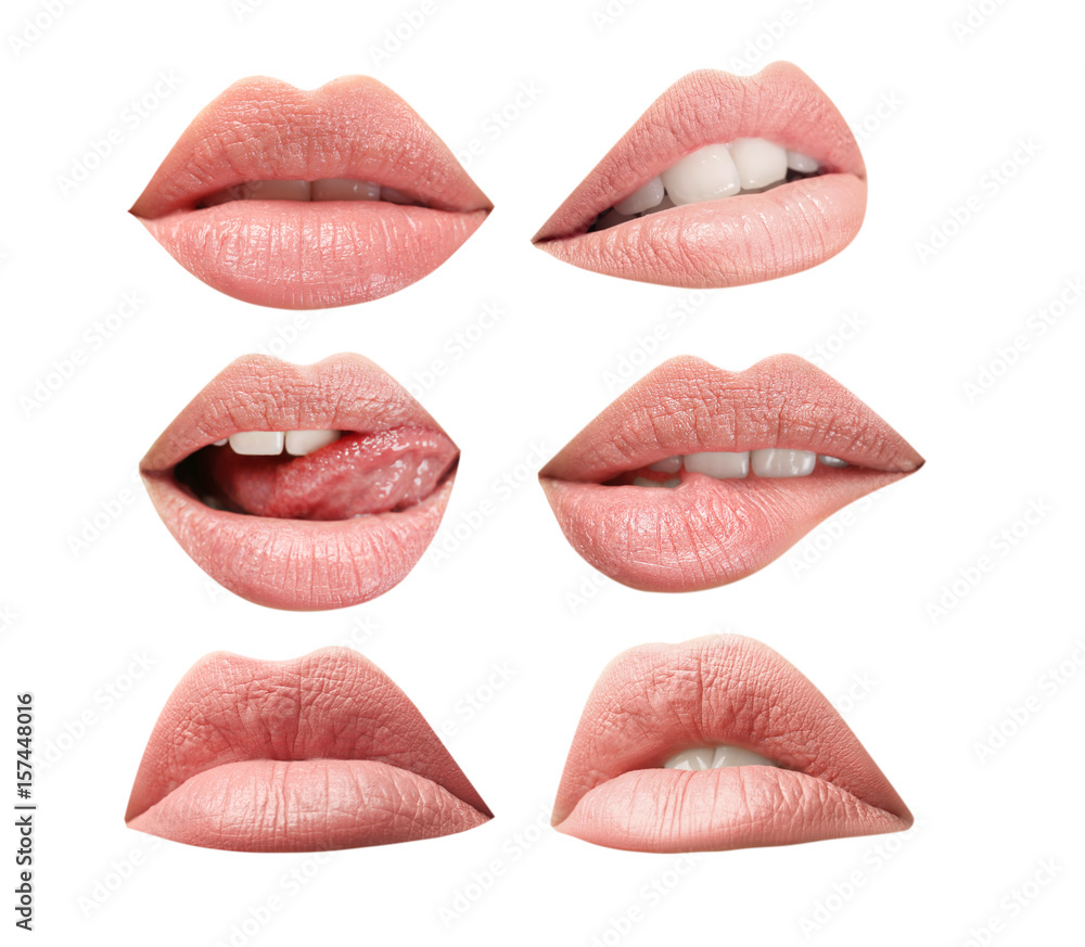 Naklejka premium Collage of female lips on white background. Natural makeup