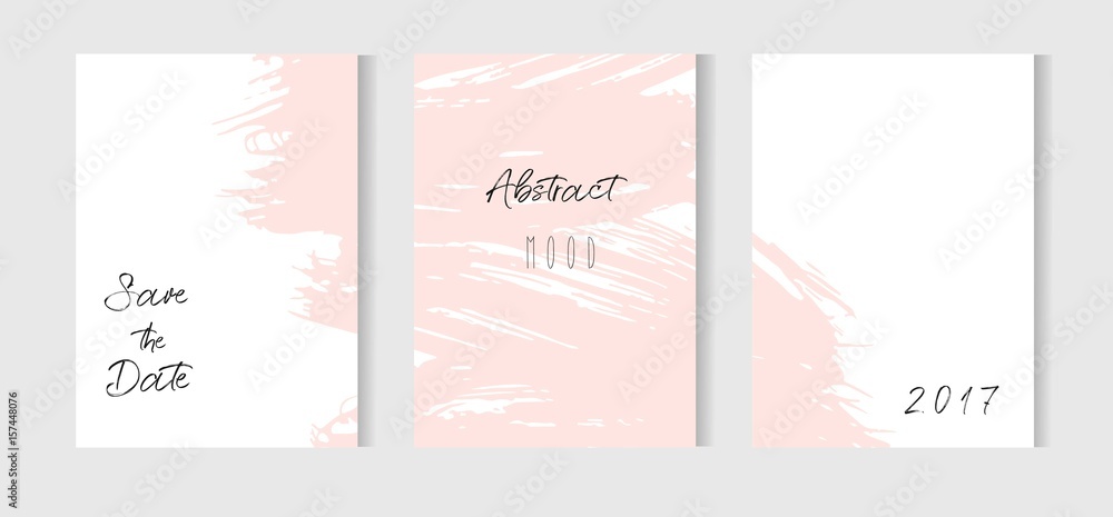 Hand drawn vector abstract creative unusual simple save the date cards template collection set with drawing textures in pastel pink colors.Boho Wedding,anniversary,birthday,party invitations,logo.