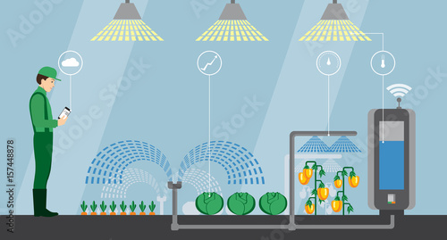 Internet of things in agriculture. Smart farm with wireless control. Vector illustration.