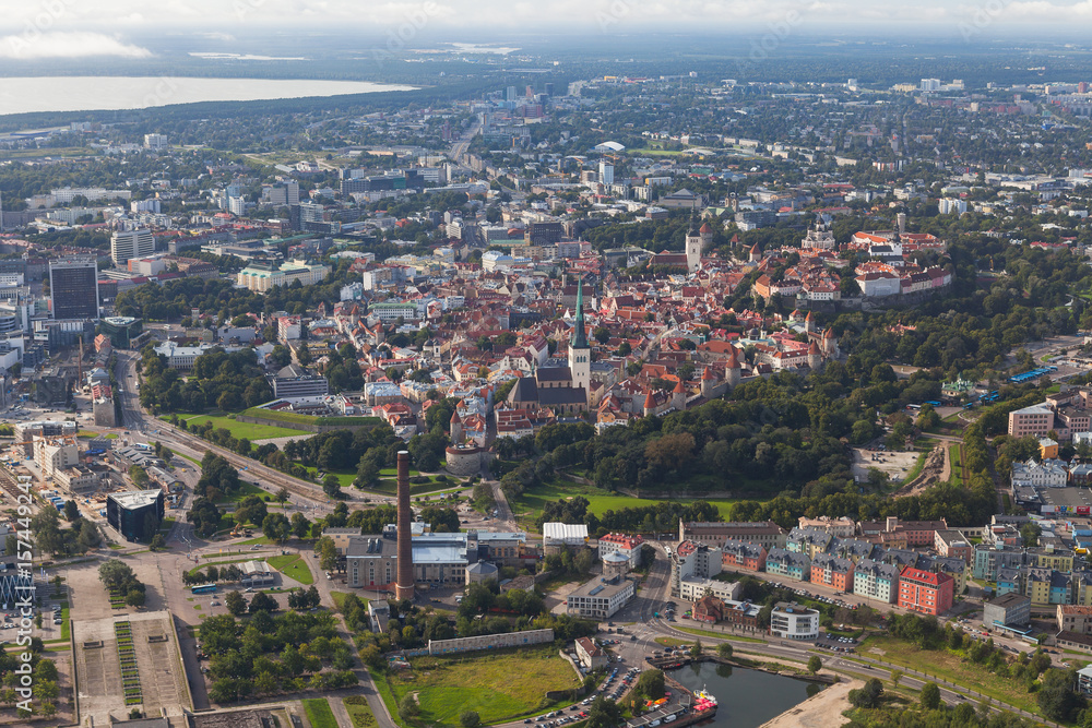 Scenic summer aerial shot of the very Old Town with old park in Tallinn, Estonia