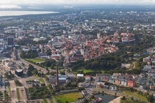 Scenic summer aerial shot of the very Old Town with old park in Tallinn, Estonia